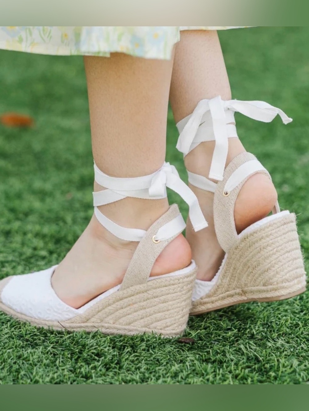 Kelly & Katie Women White and Natural Espadrille Wedge Ankle Tie Sandals Size8.5